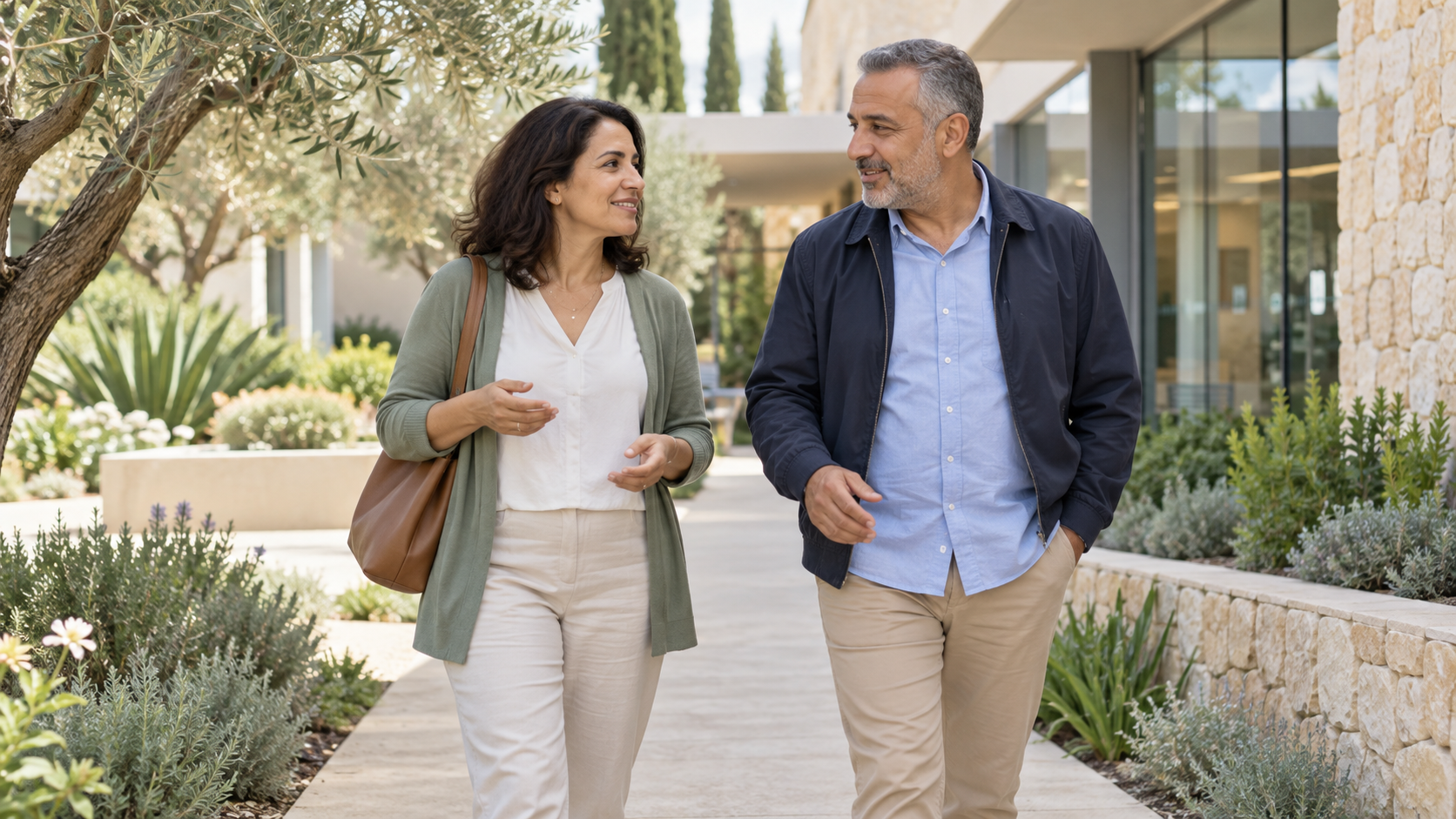 Illustration d’un couple marchant et échangeant dans un jardin lumineux.